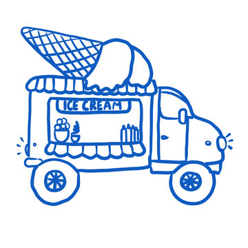 Cute doodle ice cream truck vector icon. Hand drawn blue line art food truck isolated on white.