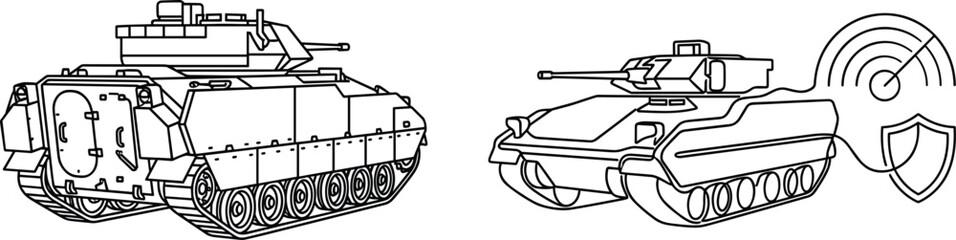 Military Tank and Armored Fighting Vehicle Vector Set Featuring Tracked Combat Carrier with Radar Scanner and Defense Shield Line Art Icons © Yousuf