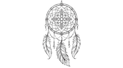 Obraz premium Bohemian dreamcatcher vector illustration, intricate tribal dream catcher with feathers, ethnic mandala line art for coloring and tattoo design