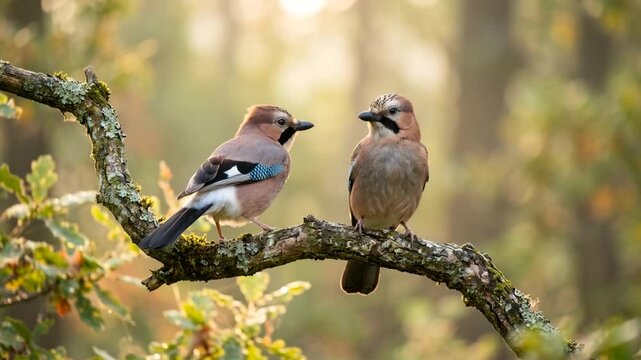 two eurasian jay bird close up in european woodland morning light video