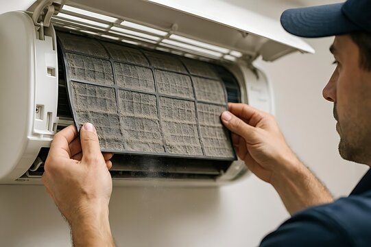 Professional Technician Replacing Dirty Air Conditioner Filter During Maintenance