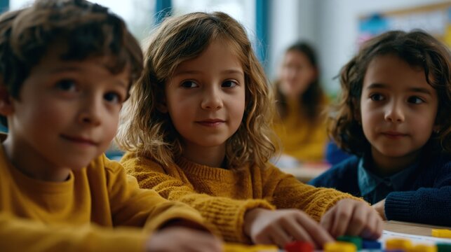 Children inviting classmate to join collaborative activity at shared classroom table