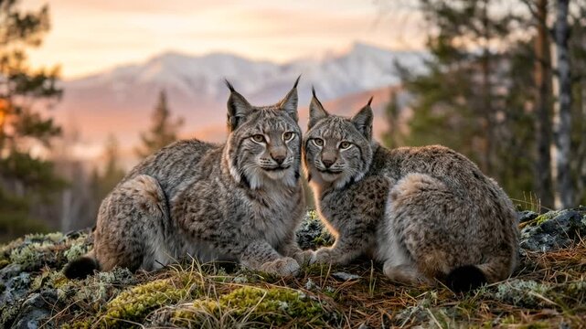 two eurasian lynx close up in carpathian mountains morning light video