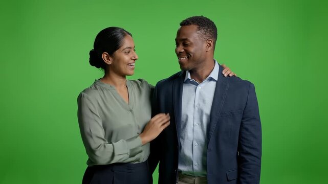 Diverse professional couple sharing a moment of mutual support and encouragement. Expressive colleagues embracing for comfort or success, shot against a green screen for easy compositing.