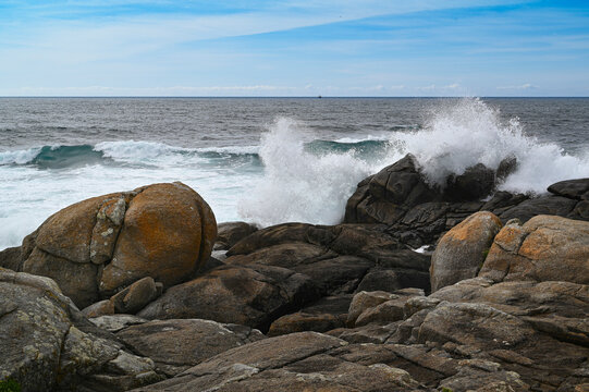 Stormy coast with big waves of Mux&iacute;a, Costa da Morte, Galicia, Spain.