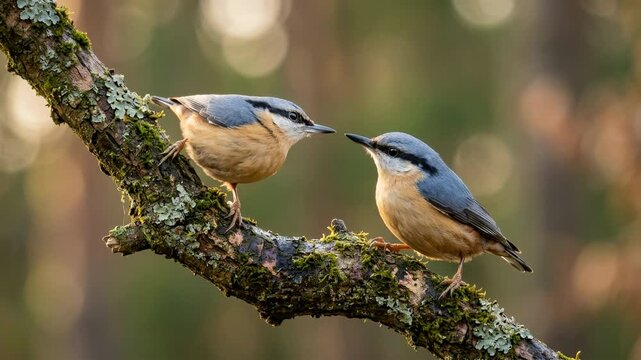 two eurasian nuthatch bird close up in european woodland morning light video