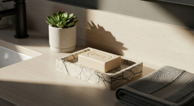 Marble Soap Dish With Bar Of Soap And Folded Towel On Countertop
