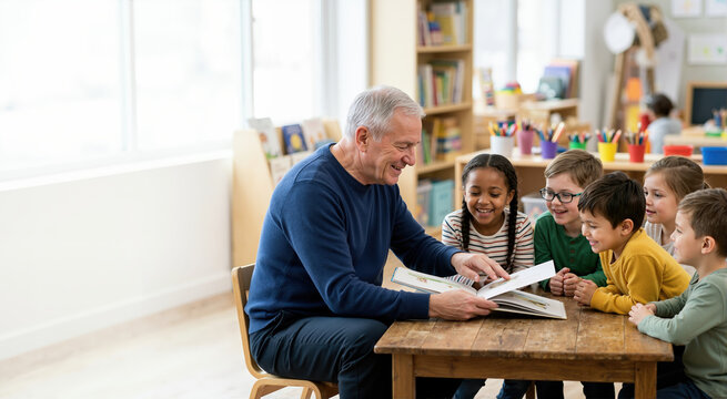 Smiling elderly man reading a storybook to a diverse group of children. Senior volunteer teaching kids in a bright kindergarten classroom