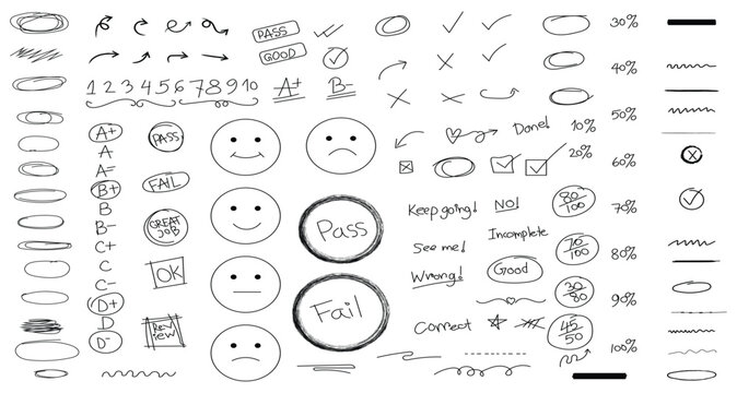 Grade mark. Red pen grade marks and test symbols.  Hand drawn teacher grading marks and school correction vector elements mega set.