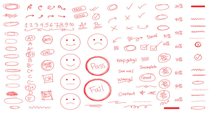 Hand drawn teacher grading marks and school correction vector elements mega set. 