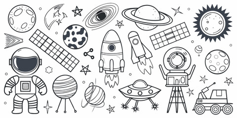 Space And Astronomy Elements Black Line Vector Illustration On White Background © Hemlata