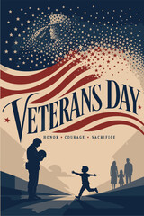 Obraz premium Veterans Day Patriotic Poster, American Flag, Military Tribute, Vector Illustration Veterans Day Celebration Poster, Honoring American Veterans, Patriotic Design American Veterans Day Vector Poster, M