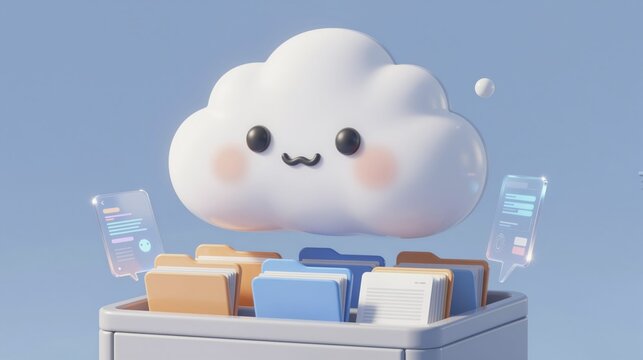 Cute 3d cloud file management illustration with floating cloud above organized filing cabinet and holographic interface