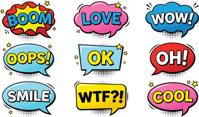 Comic book speech bubbles set with colorful expression words boom love wow oops ok oh smile wtf cool vector © MDAJAHAR