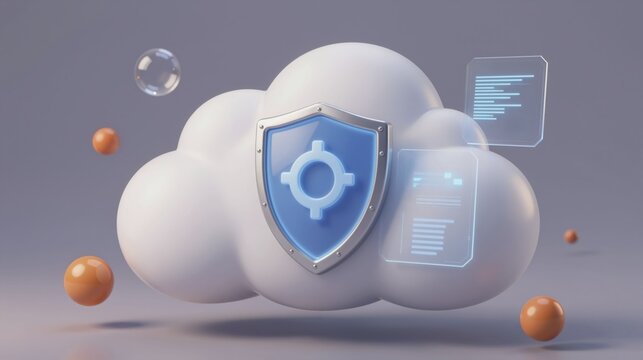 Premium 3d cloud protected by shield firewall with holographic defense interface
