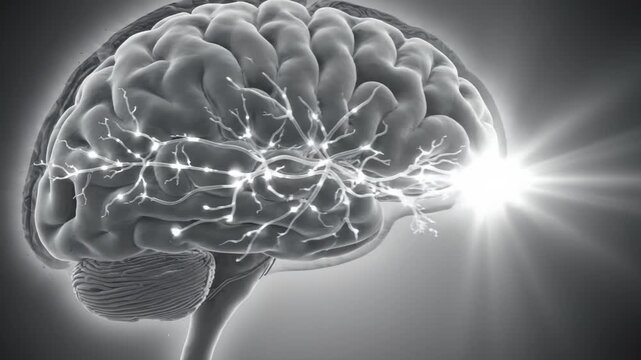 Human brain animation with glowing neural activity and walnut cross section, medical visualization of cognitive function and organic health.
