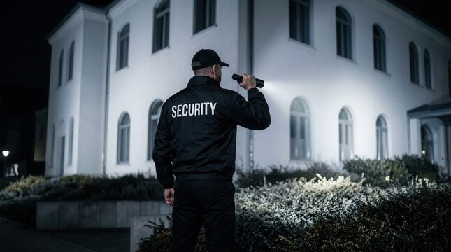 A security guard walking the building perimeter at night using a flashlight.