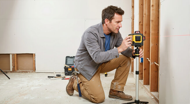 Builder using a laser level for precise alignment on an interior wall. Male contractor projecting a red laser line onto drywall and wooden studs. Home renovation and measuring concept
