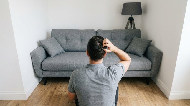 A man experiencing a lack of space interior design mistake in a small room.
