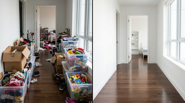 Before and after comparison of a house mess and junk decluttering process.