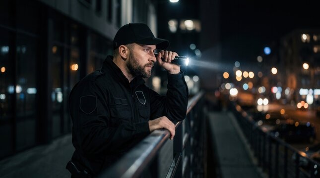 A professional security guard using a flashlight to inspect a building perimeter at night.