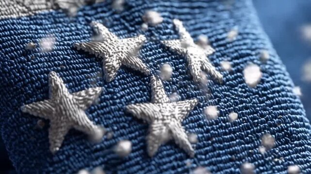 Macro shot of navy blue fabric with silver star-shaped embellishments. Subtle texture, details emerge