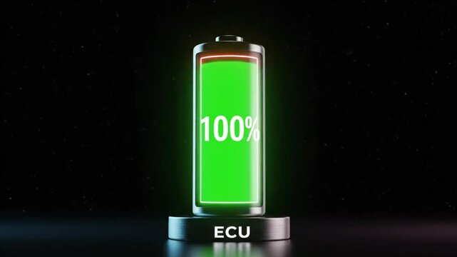 ECU Battery Charging Animation From Low to Full Power with a Glowing Effect on a Black Background