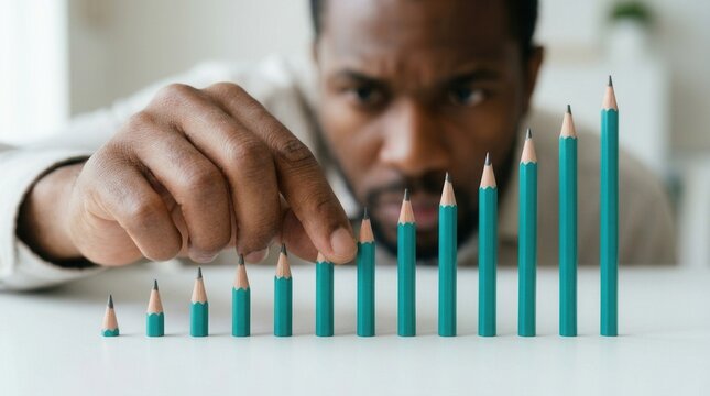 A man with OCD disorder obsessively arranging green pencils in a perfect line.