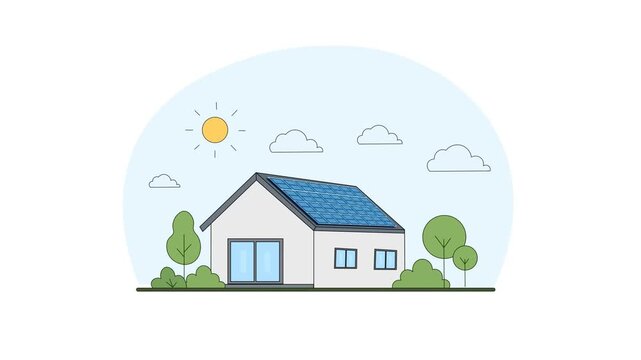 Eco Friendly House With Solar Panels Flat Design Animation.  Sustainable Renewable Energy.
Green Home surrounded by trees, shrubs, sunshine, and clouds.