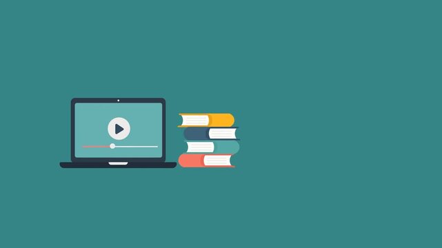 Online Video Learning on Laptop With Stack Of Books Flat Design Animation with Copy Space. Education Online training, and Remote Study  Concept