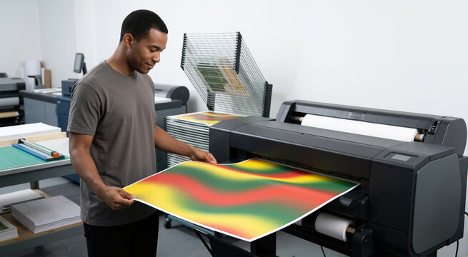 Smiling Black male printmaker holding colorful wavy poster from wide format printer. Graphic designer working in professional print shop. Juneteenth theme