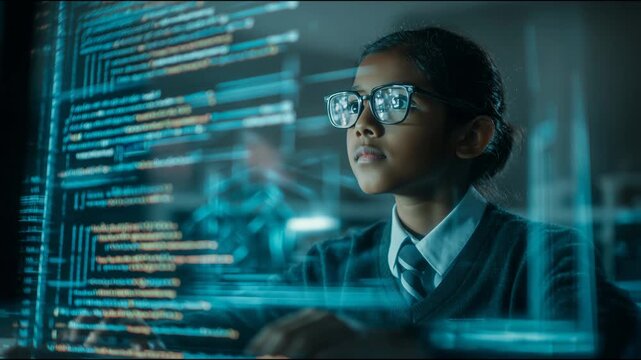 Young prodigy student interacting with a holographic interface displaying programming code