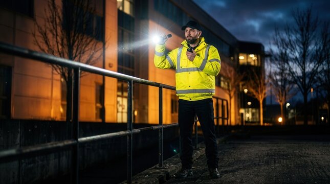 A security guard walking the building perimeter with a bright flashlight at night.