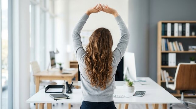 A businesswoman stretching her arms in a modern office setting.