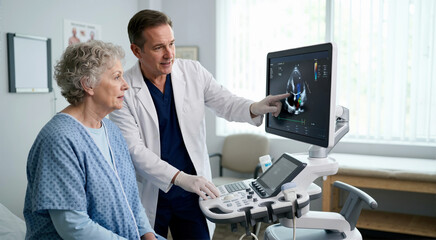 Senior woman observing echocardiogram results with doctor in clinic. Male cardiologist explaining heart valve health diagnosis on ultrasound screen. Cardiology and medical imaging concept