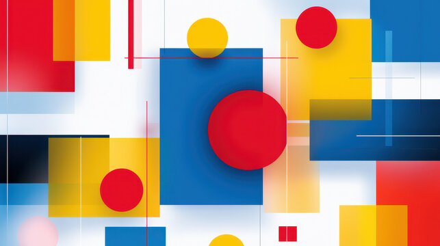 Abstract composition featuring primary colors with geometric shapes, including circles and rectangles, creating vibrant visual impact