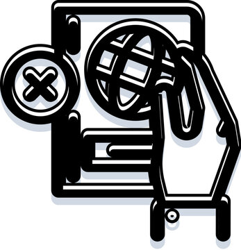 Hand blocking global internet access on a mobile device, illustrating restricted web connection, censorship, and digital limitations in a flat line style