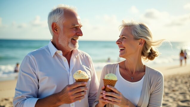 Smiling senior couple enjoying ice cream while walking along a sunny beach. Happy elderly man and woman spending quality time together during retirement, celebrating love, companionship, healthy aging