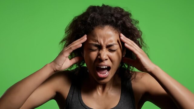 Stressed young woman screaming in frustration, isolated on green screen. Powerful expression of anger and intense emotional release, perfect for illustrating mental health or crisis concepts.