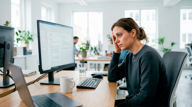 Tired female employee staring at computer screen in a modern open plan office. Exhausted woman experiencing burnout and boredom at workplace desk