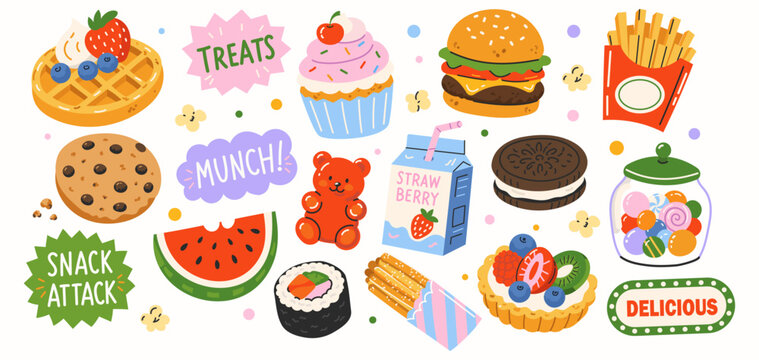Cute food sticker collection with fast food, desserts, fruits, candy, sushi, waffle, burger, cupcake and sweet treats. Retro minimalist doodle vector set.