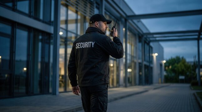 A professional security guard walking along a building perimeter.
