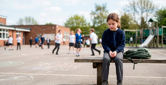 Sad young girl sitting alone on a playground bench while other children play. Lonely elementary student in school uniform feeling isolated during recess. Childhood mental health and bullying concept