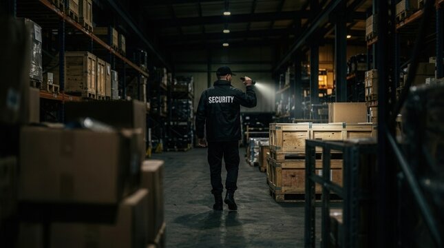 A security guard walking through a warehouse using a flashlight for patrol.