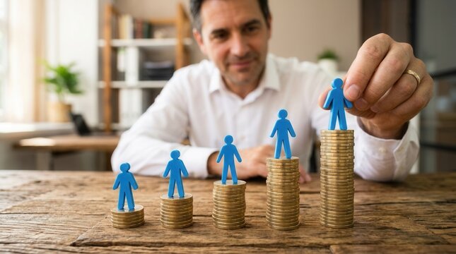 Concept of minimum wage and salary increase using blue figures on coin stacks.