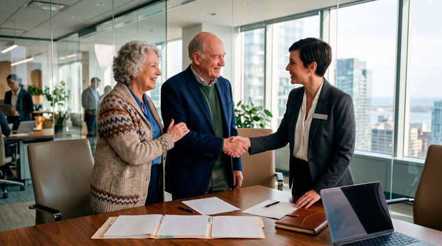 Senior couple shaking hands with financial advisor in modern office