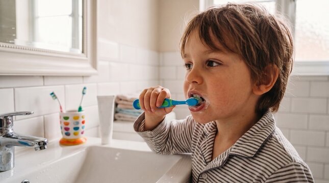 Young boy brushing teeth in bathroom sink with toothbrush and toothpaste