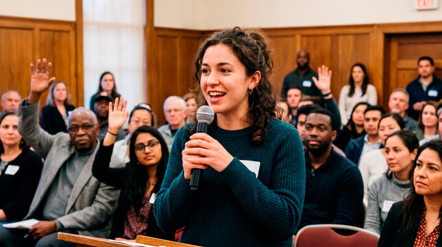 Young woman speaks into microphone at a meeting with audience raising hands