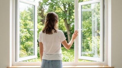 Fototapeta premium A woman looking through an open window towards a green garden.