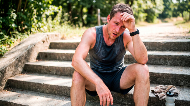 Man exhausted after outdoor workout sitting on stone stairs
